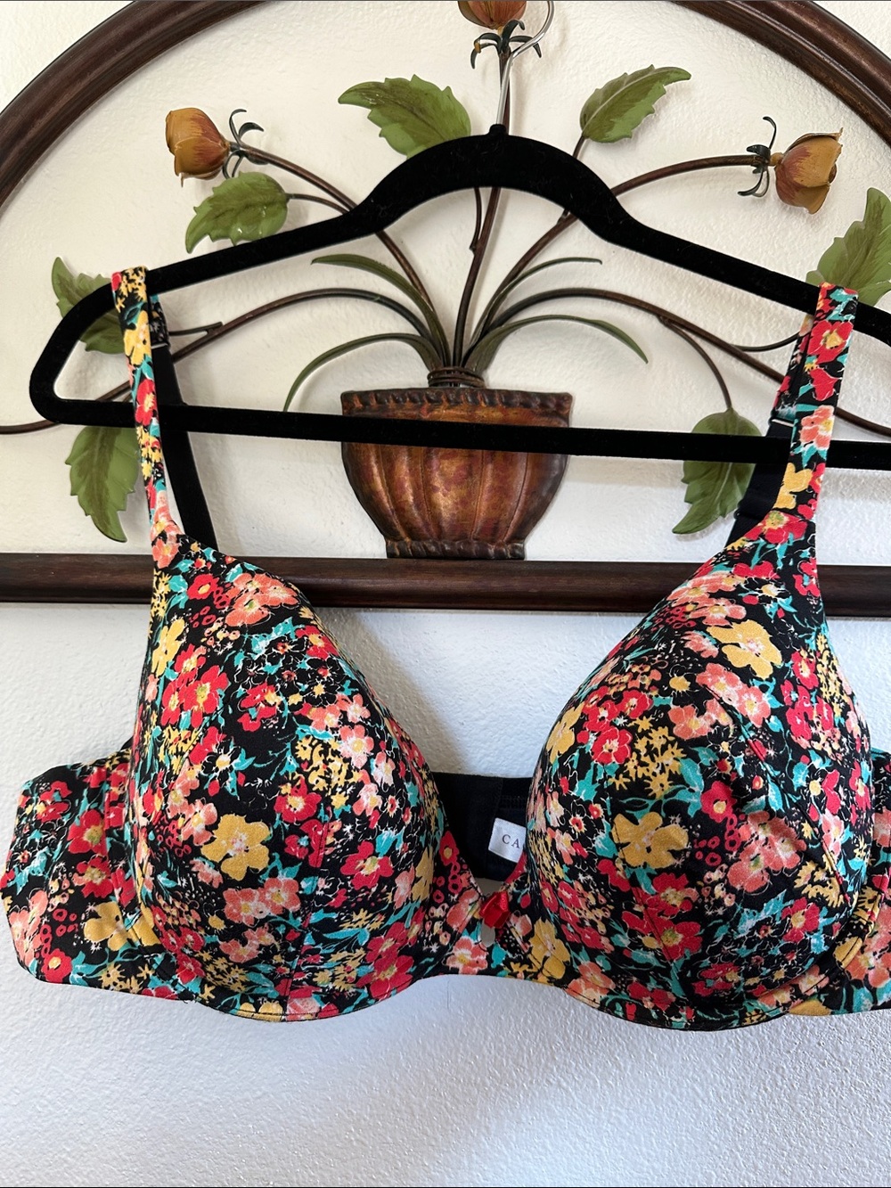 Cacique Black Floral Underwire Padded Bra - Red, Yellow, Pink, Turquoise 44C